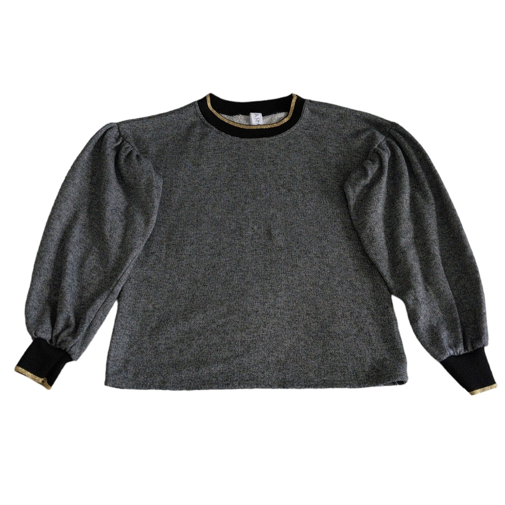 Amadi Small Grey Puff Sleeve Metallic Gold Trim Sweatshirt